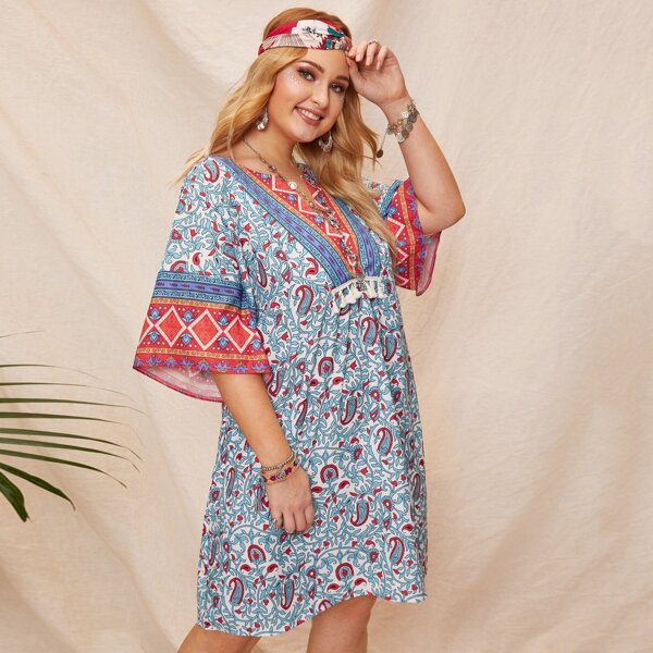 

Plus Tribal Print Fringe Detail Dress, Multicolor