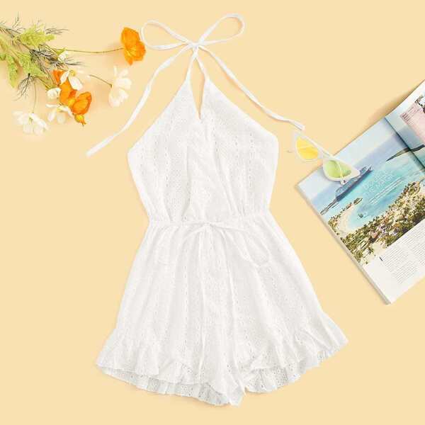 

Eyelet Embroidery Drawstring Waist Halter Romper