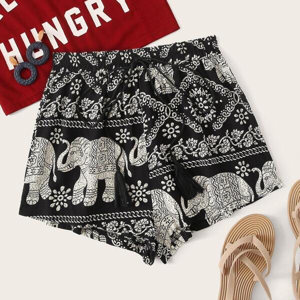 

Elephant Print Drawstring Waist Shorts