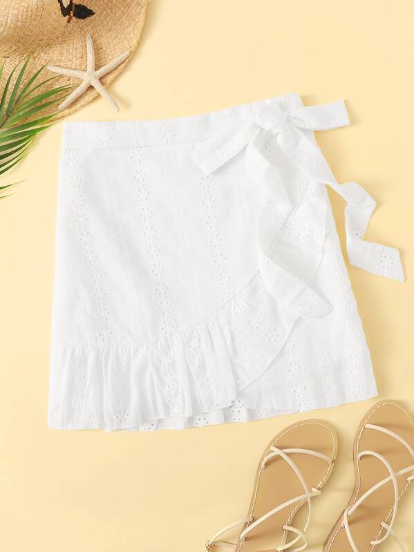

Solid Eyelet Embroidery Knot Detail Flounce Trim Skirt, White
