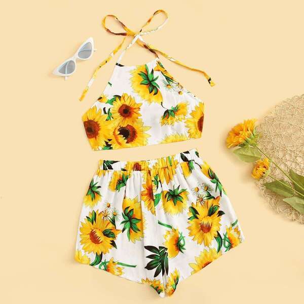 

Sunflower Print Crop Halter Top With Shorts
