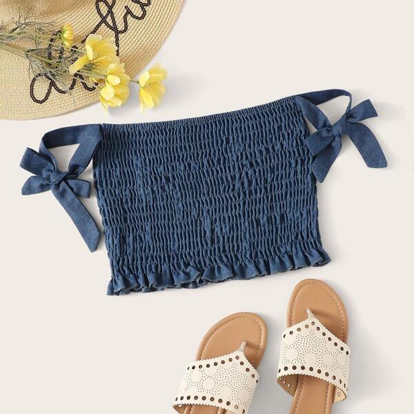 

Frill Trim Shirred Knot Detail Crop Tube Top, Navy