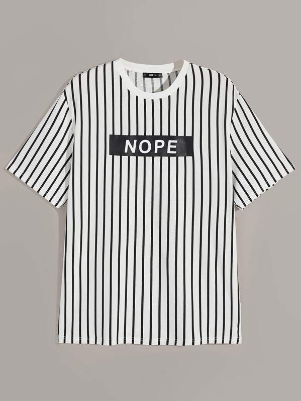 

Men Letter Print Short Sleeve Striped Tee, Black and white