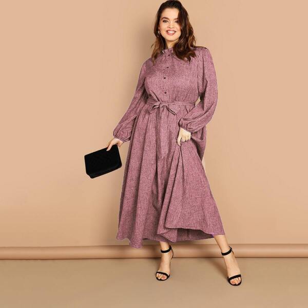 

Plus Frill Neck Bishop Sleeve Buttoned Dress, Purple
