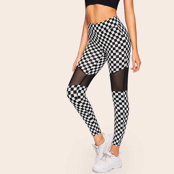 

Sheer Mesh Insert Checker Leggings