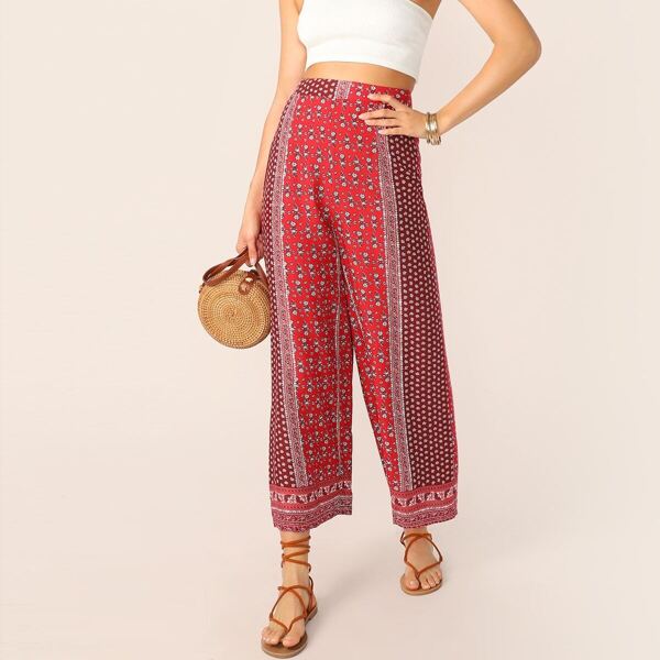 

Cut-and-Sew Ditsy Floral Wide Leg Tribal Pants, Multicolor