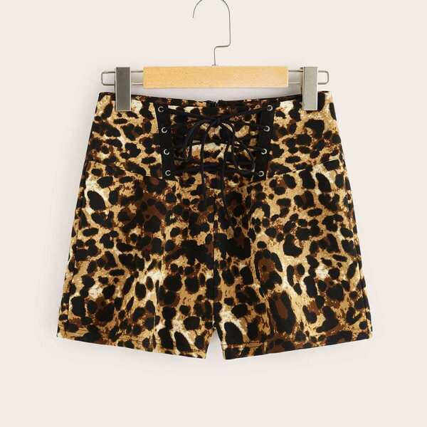 

Lace Up Wide Waist Leopard Print Shorts