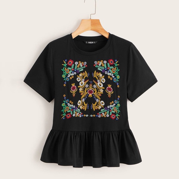 

Flower Embroidered Pep Hem Top, Black