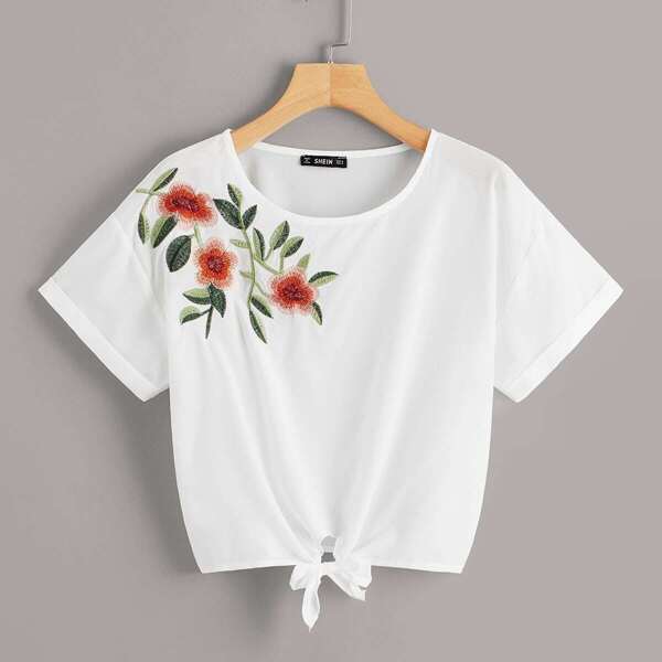 

Floral Embroidered Knot Hem Blouse