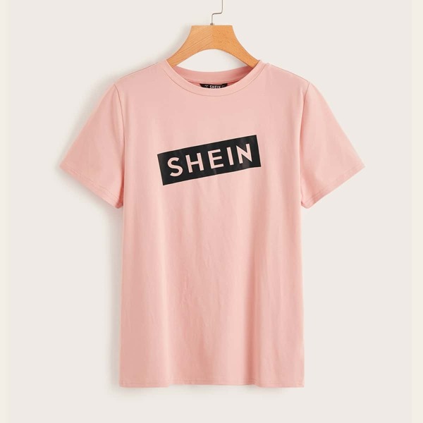 

Letter Print Short Sleeve Tee, Pink