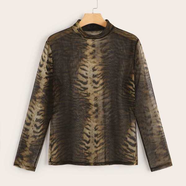 

Plus Mock-neck Tiger Print Semi Sheer Top