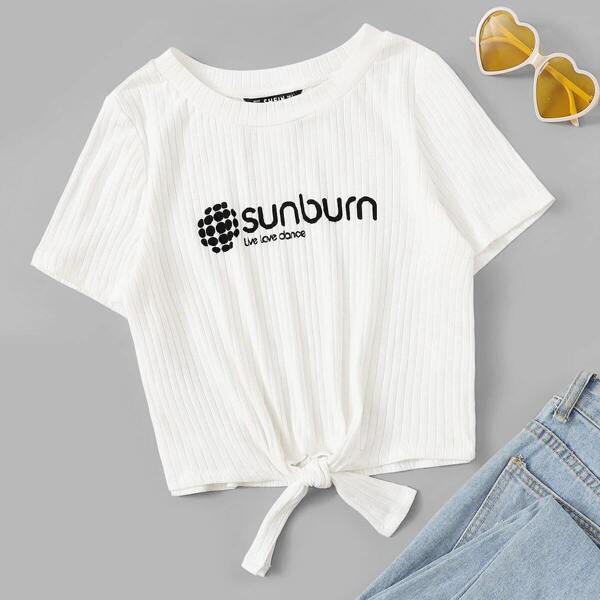 

Plus Letter Print Knot Hem Rib-knit Tee, White
