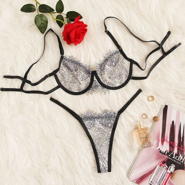 

Eyelash Lace Underwire Garter Lingerie Set, Black and white