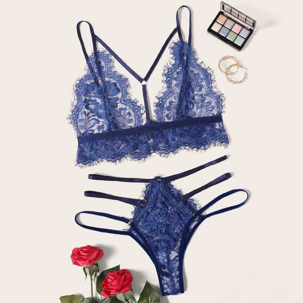 

Harness Eyelash Lace Lingerie Set, Blue