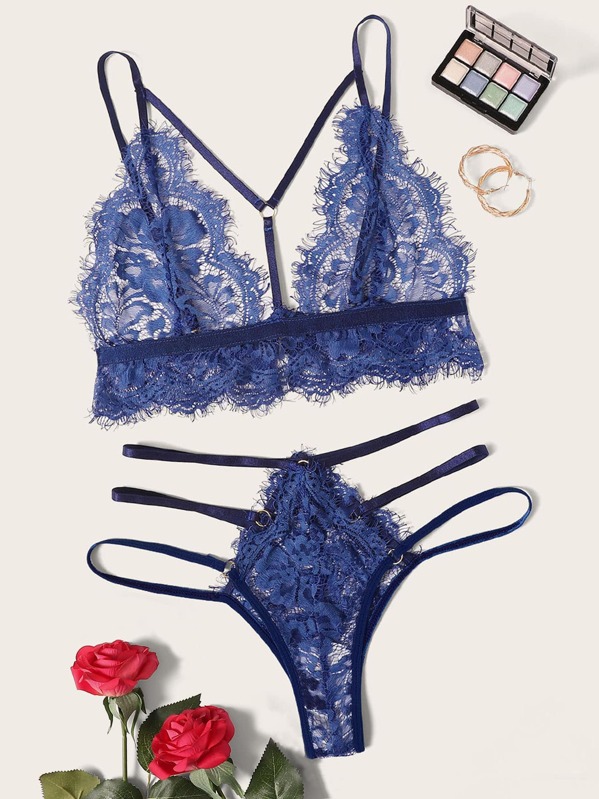 

Harness Eyelash Lace Lingerie Set, Blue