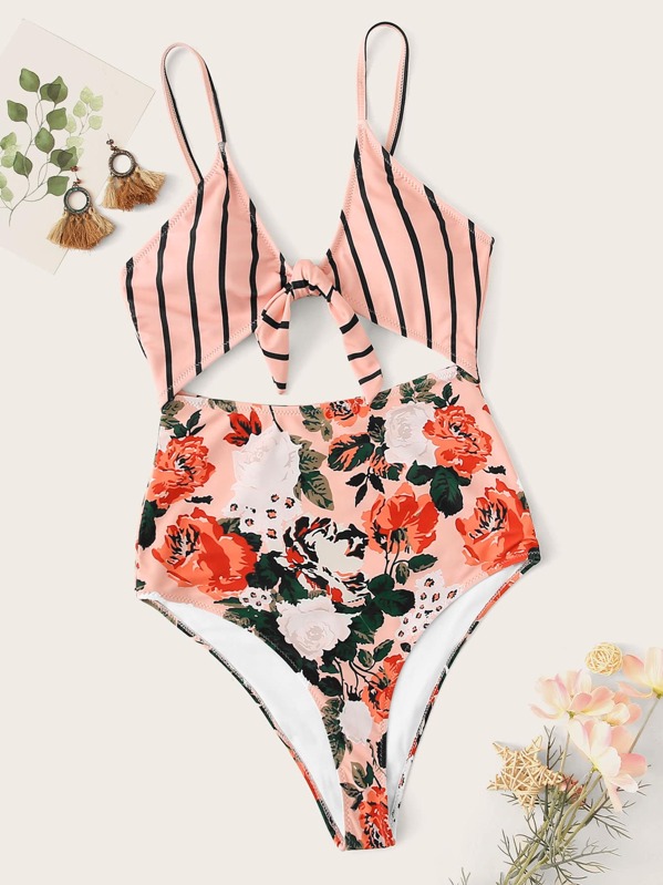 

Floral & Striped Tie Front One Piece Swimsuit, Multicolor