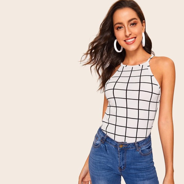 

Grid Print Form Fitting Halter Top