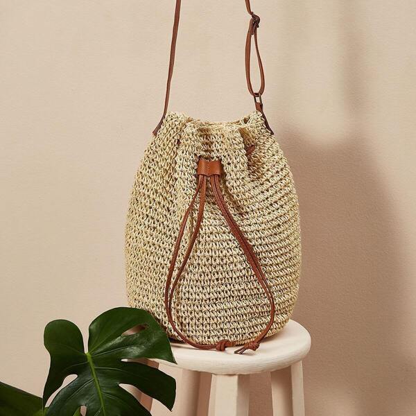 

Drawstring Detail Crochet Crossbody Bag, Beige