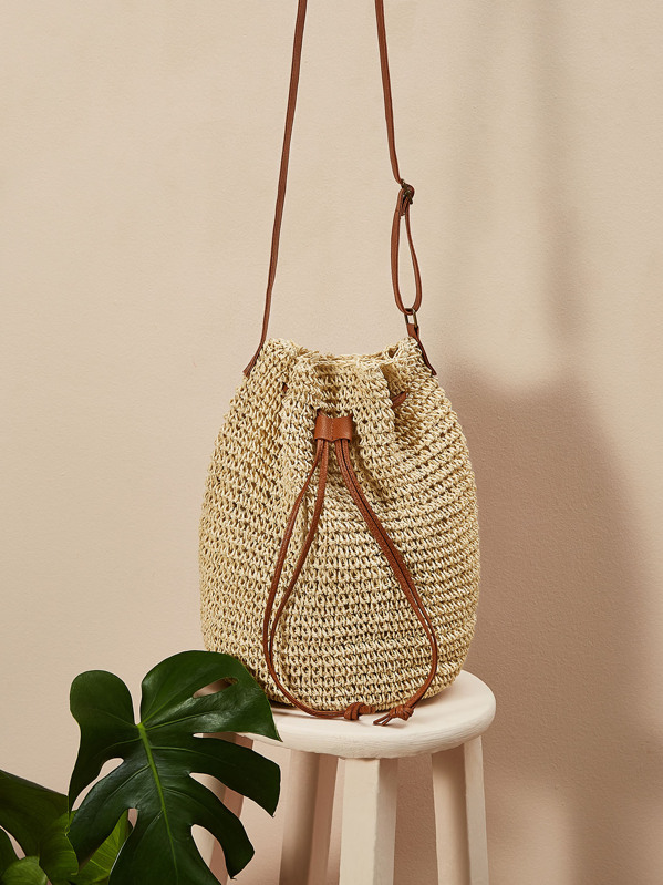 

Drawstring Detail Crochet Crossbody Bag, Beige
