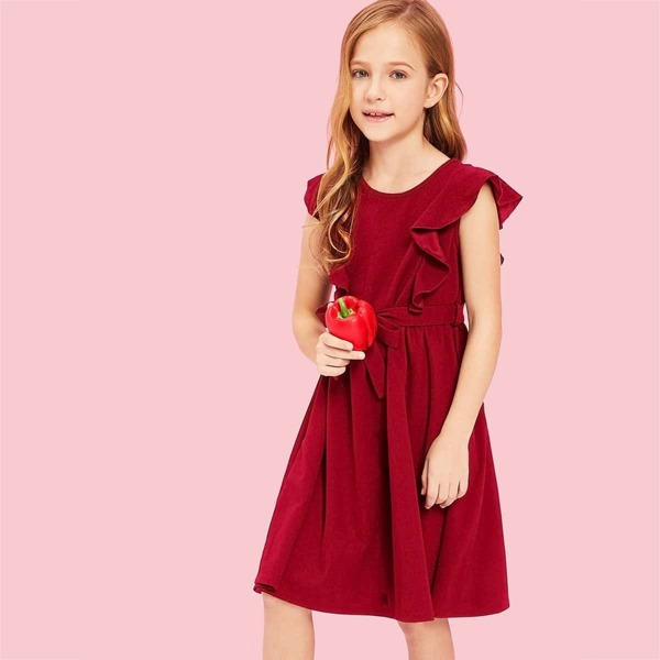 

Girls Ruffle Trim Belted Dress