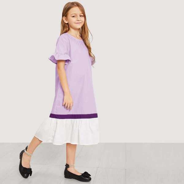 

Girls Ruffle Trim Flippy Hem Dress, Purple