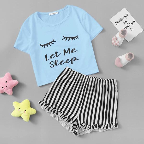 

Girls Graphic Print Tee and Striped Shorts PJ Set