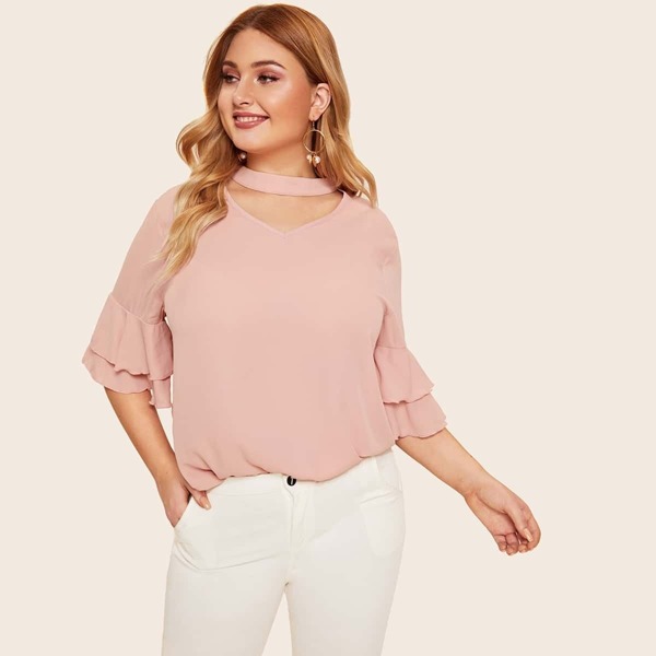 

Plus Choker Neck Layered Flounce Sleeve Top