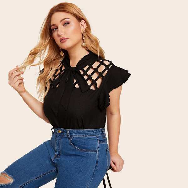 

Plus Tie-neck Ruffle Trim Lattice Cutout Blouse