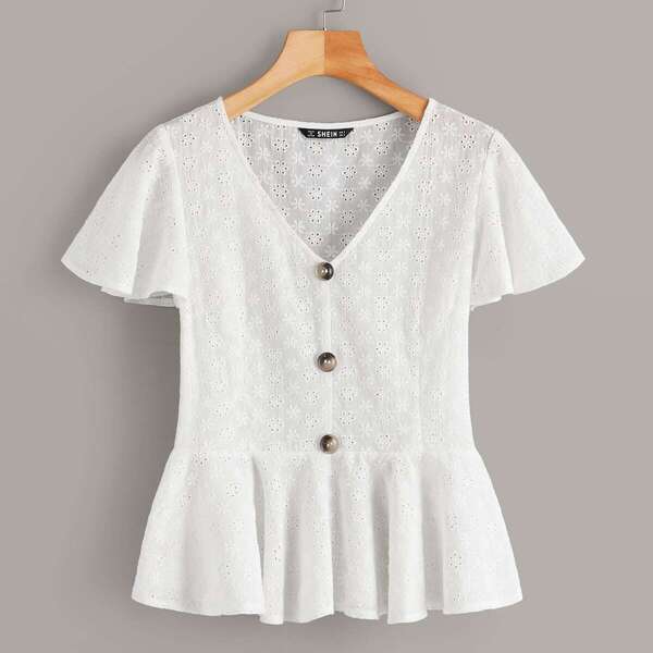 

Schiffy Eyelet Button Up Peplum Tea Top, White