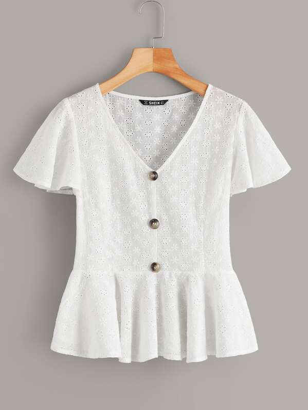

Schiffy Eyelet Button Up Peplum Tea Top, White
