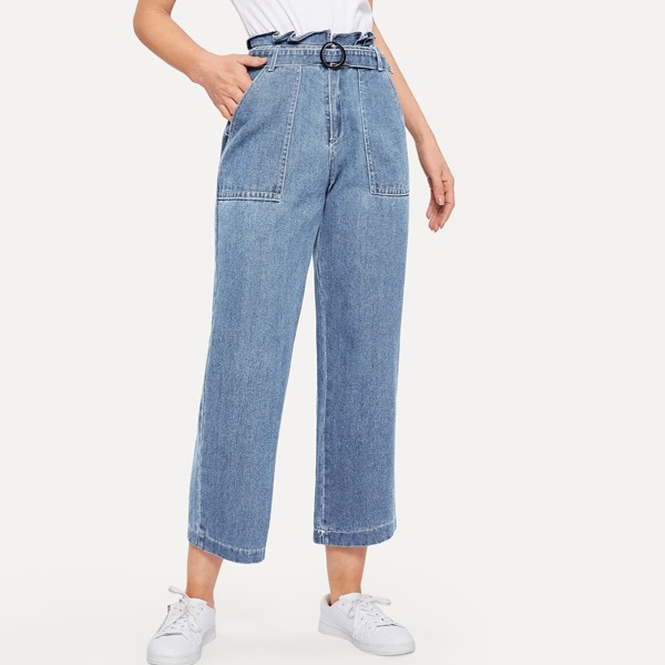 

Ruffle Waist Culotte Jeans With Belt