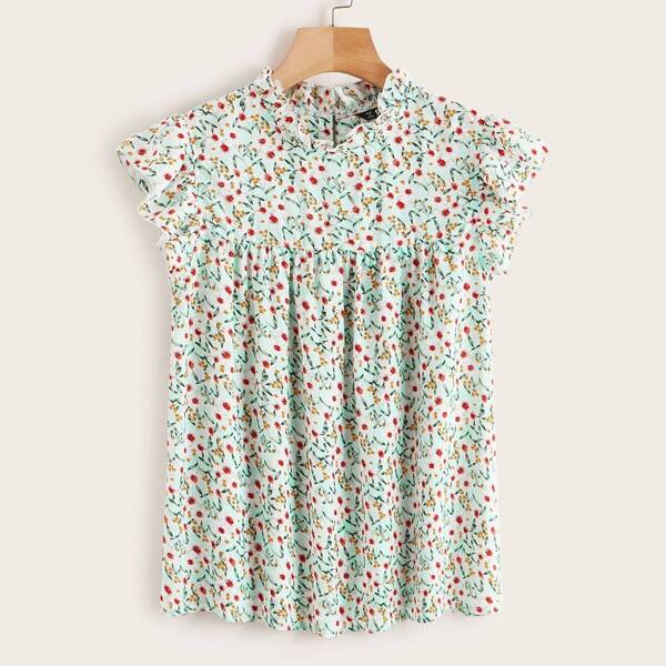 

Buttoned Back Ruffle Trim Ditsy Floral Top, Multicolor