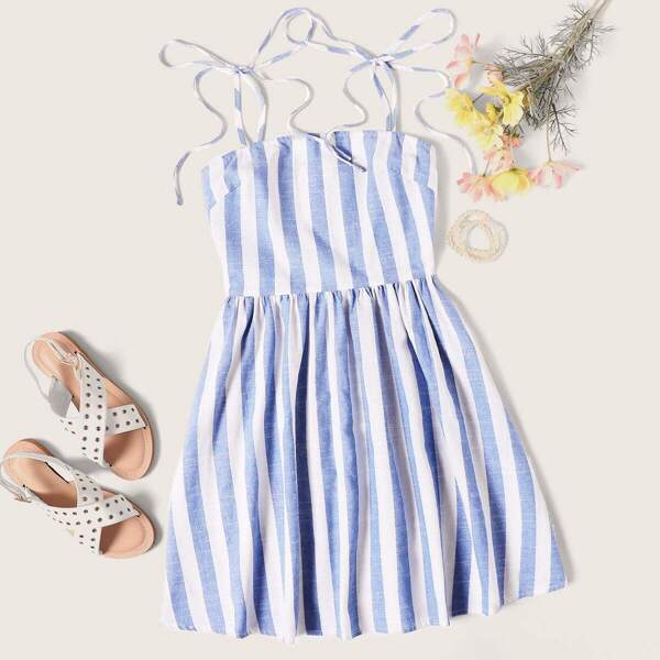 

Self Tie Shoulder Striped Cami Dress, Blue