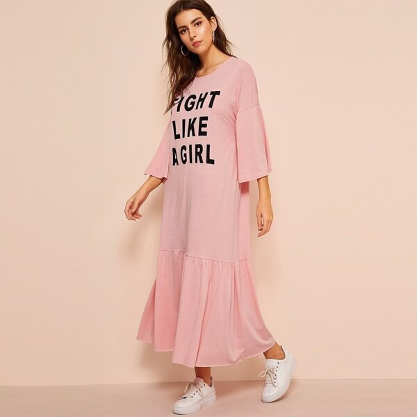 

Slogan Print Drop Shoulder Flounce Hem Dress, Pink