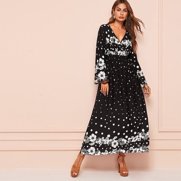 

Floral Print Surplice Neck Bell Sleeve Dress, Black