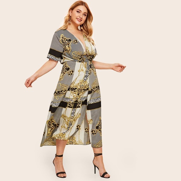 

Plus Mixed Scarf Print Cross Wrap Split Dress, Multicolor