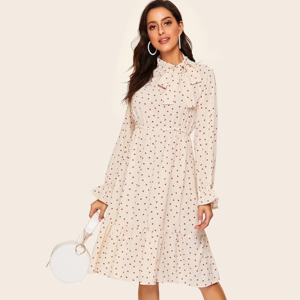 

Tie Neck Heart Print Flounce Dress, Beige