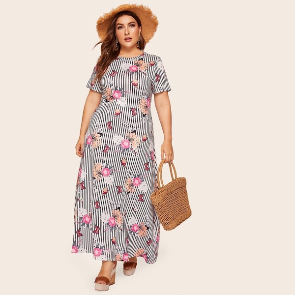 

Plus Striped & Floral Print Maxi Dress