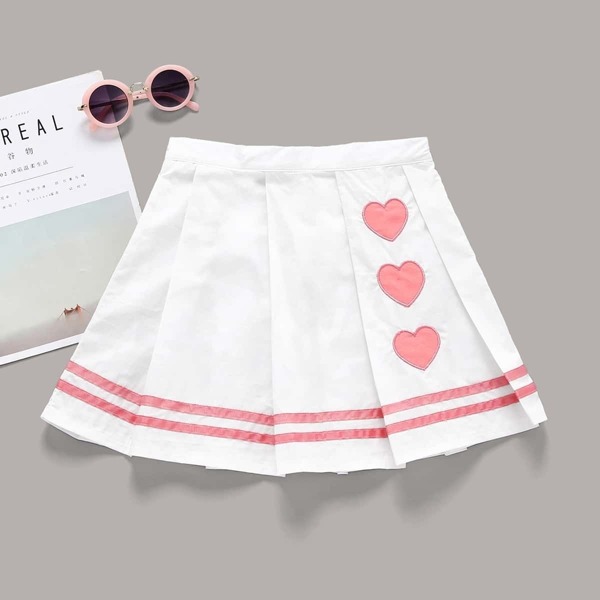 

Toddler Girls Heart Embroidery Striped Tape Pleated Skirt