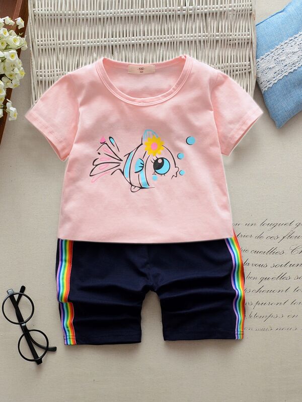 

Toddler Girls Fish Print Tee With Side Stripe Shorts, Multicolor