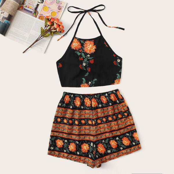 

Floral Print Halter Top With Shorts