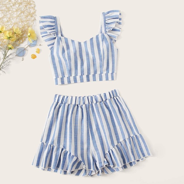 

Striped Top With Ruffle Hem Shorts, Blue