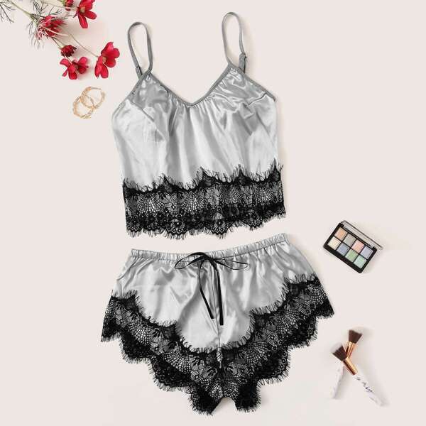 

Scalloped Trim Contrast Lace Satin Cami PJ Set, Grey
