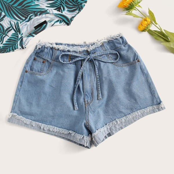 

Plus Raw Hem Knot Denim Shorts