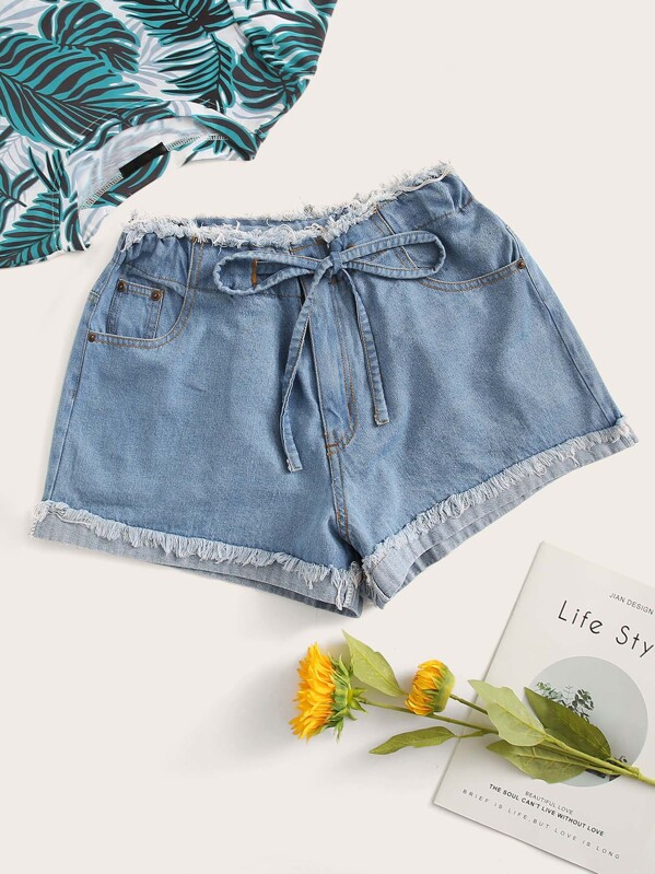 

Plus Raw Hem Knot Denim Shorts, Blue