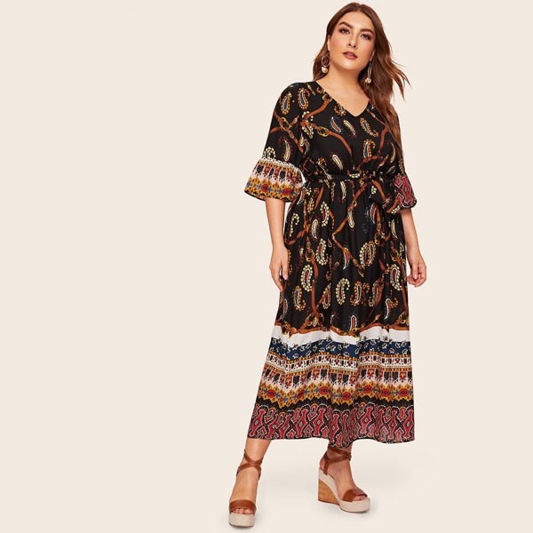 

Plus Tribal Print Flounce Sleeve Dress, Multicolor