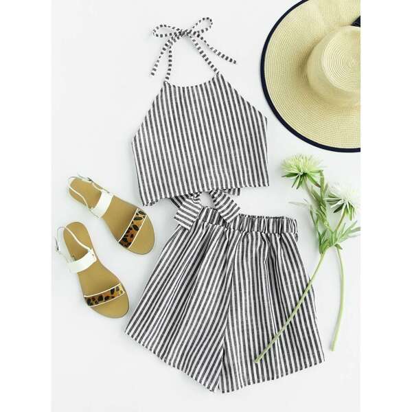 

Striped Knot Halter Top With Shorts