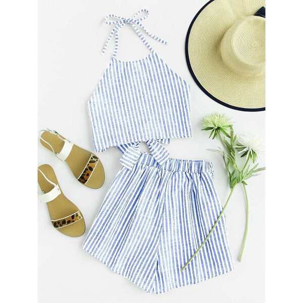 

Striped Knot Halter Top With Shorts