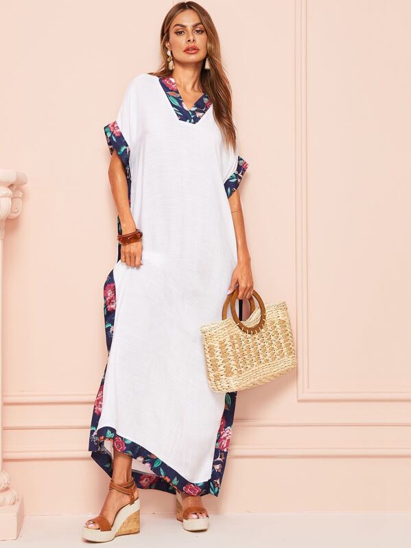

V-neck Floral Print Hem Dress, White, Andy