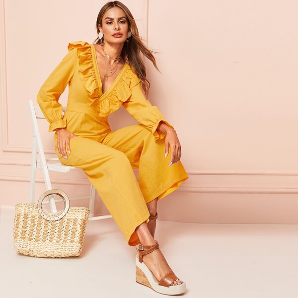 

V-neck Knot-back Jumpsuit, Yellow